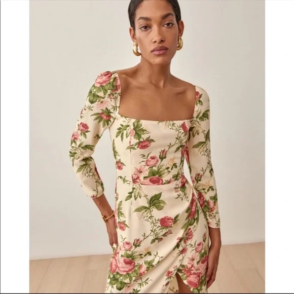 Reformation Hilda Floral Print Ruched Smocked Midi Dress In Jardin NWT Size 10 - Picture 2 of 15
